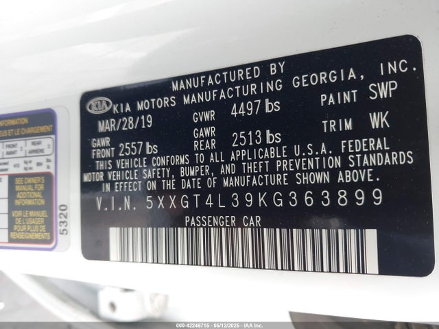5XXGT4L39KG363899 KIA Optima S