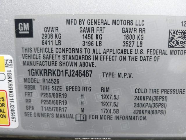 1GKKRRKD1FJ246467 GMC Acadia Slt-1