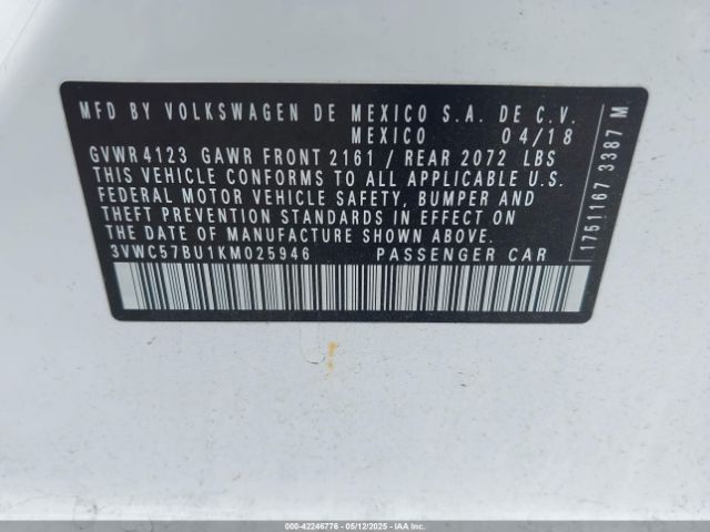 3VWC57BU1KM025946 Volkswagen Jetta 1.4t R-line/1.4t S/1.4t Se