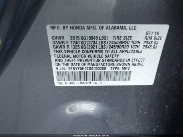 5FNYF5H92GB050380 Honda Pilot Touring