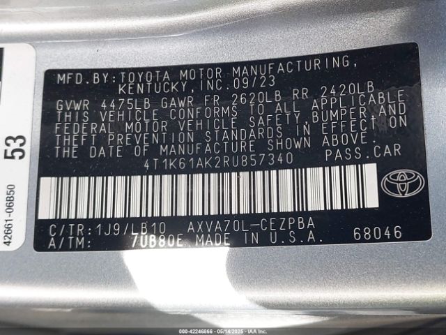 4T1K61AK2RU857340 Toyota CAMRY XSE
