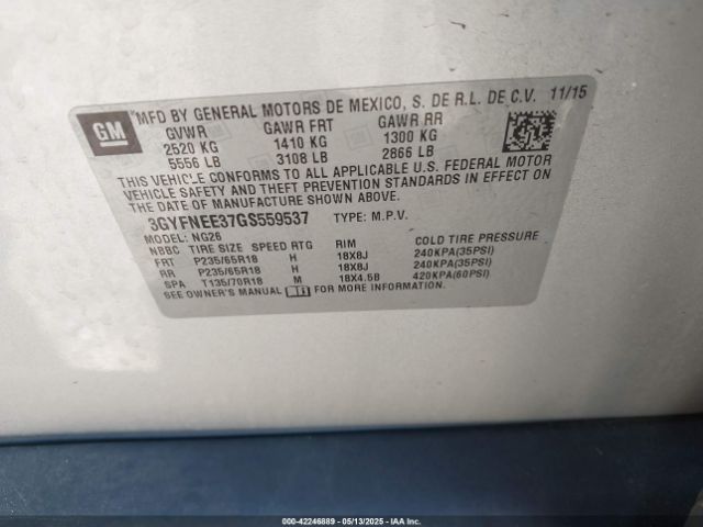 3GYFNEE37GS559537 Cadillac Srx Luxury Collection