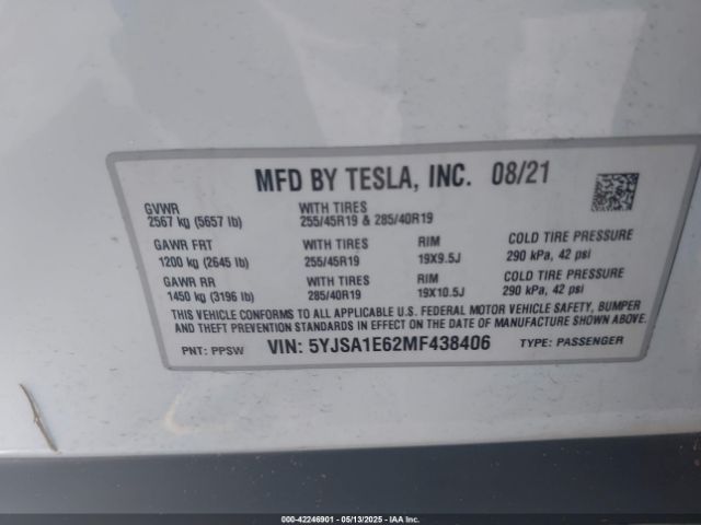 5YJSA1E62MF438406 Tesla Model S Plaid Tri Motor All-wheel Drive