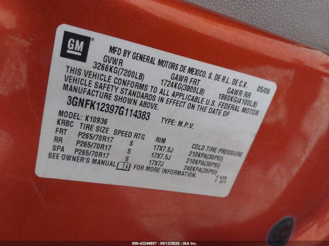 Продаж на аукціоні авто 2007 Chevrolet Avalanche 1500 Lt, vin: 3GNFK12397G114383, номер лоту: 42246907