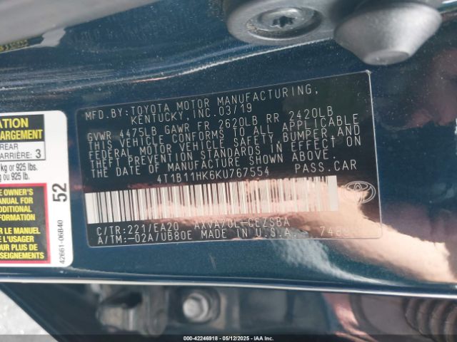 4T1B11HK6KU767554 Toyota CAMRY SE