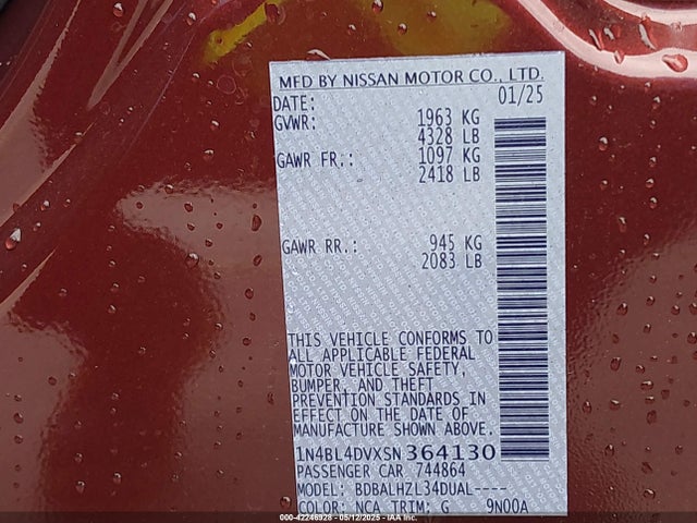 Aukcja sprzedaży 2025 Nissan Altima Sv Fwd, vin: 1N4BL4DVXSN364130, numer aukcji: 42246928