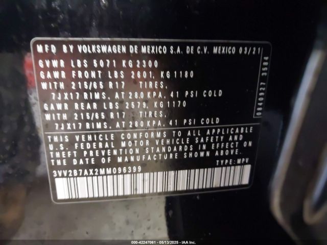 3VV2B7AX2MM096399 Volkswagen Tiguan 2.0t Se/2.0t Se R-line Black/2.0t Sel