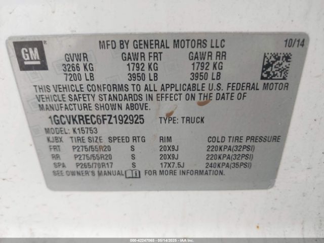 1GCVKREC6FZ192925 Chevrolet Silverado 1500 1lt