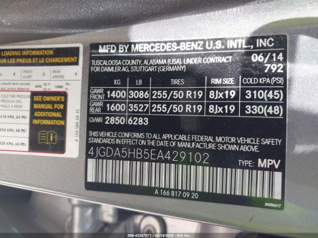 4JGDA5HB5EA429102 Mercedes-Benz Ml-Class