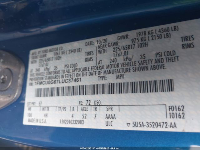 1FMCU0G67LUC37461 Ford ESCAPE SE