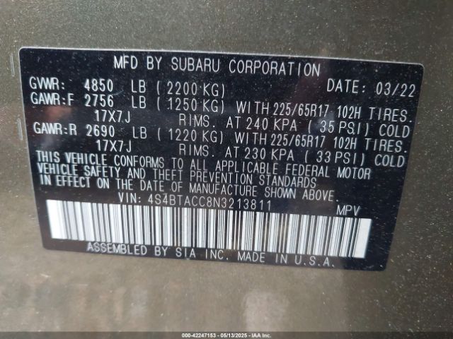 4S4BTACC8N3213811 Subaru Outback Premium