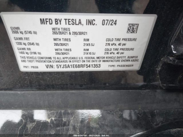 5YJSA1E68RF541353 Tesla Model S Plaid Tri Motor All-wheel Drive