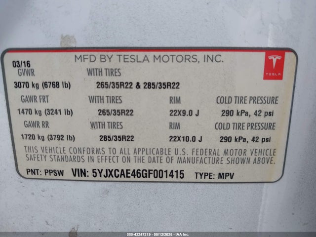 5YJXCAE46GF001415 Tesla 2016