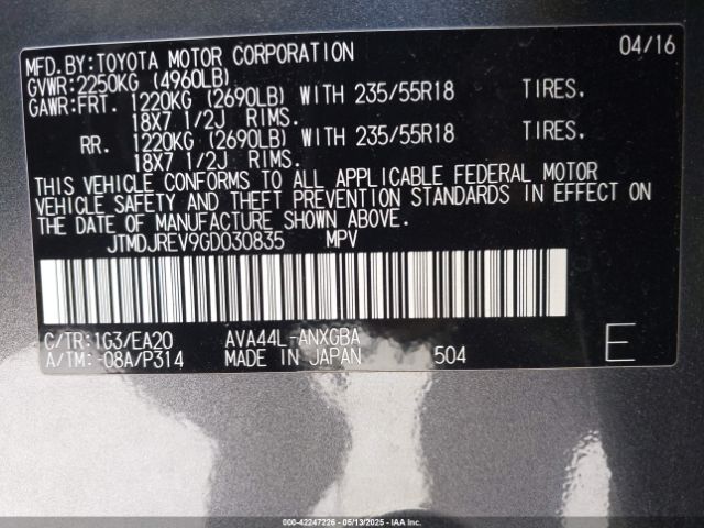 JTMDJREV9GD030835 Toyota Rav4 Hybrid Limited