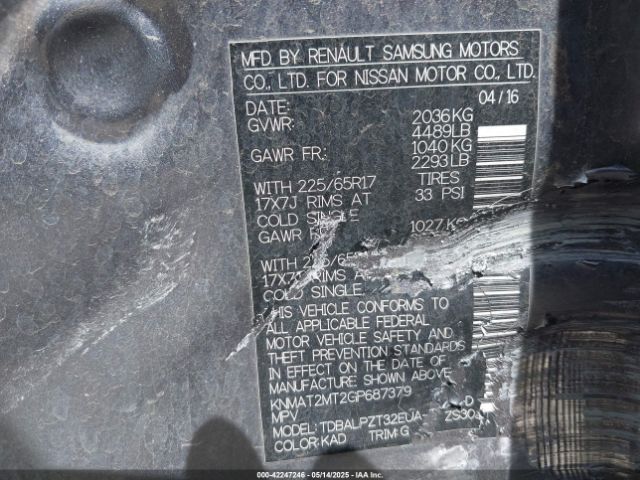 KNMAT2MT2GP687379 Nissan Rogue S/sl/sv