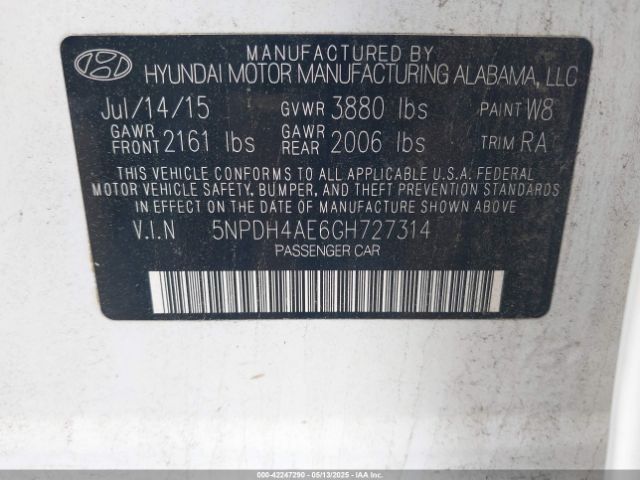 5NPDH4AE6GH727314 Hyundai ELANTRA SE