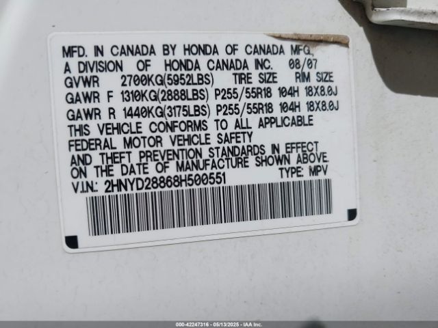 2008 ACURA MDX 2HNYD28868H500551 Photo 8