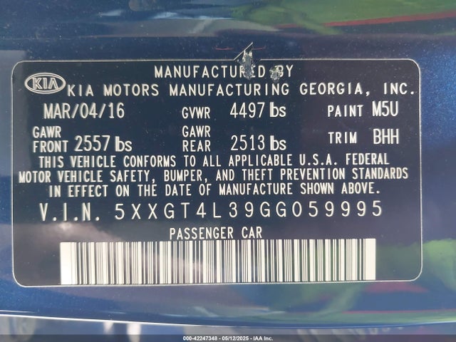 5XXGT4L39GG059995 KIA Optima Lx