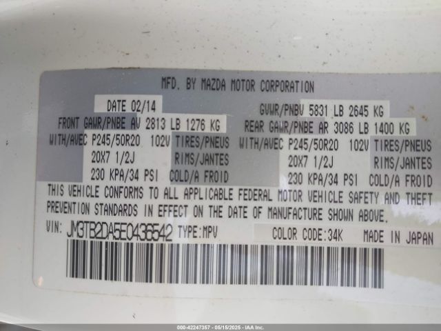 JM3TB2DA5E0436542 Mazda Cx-9 Grand Touring
