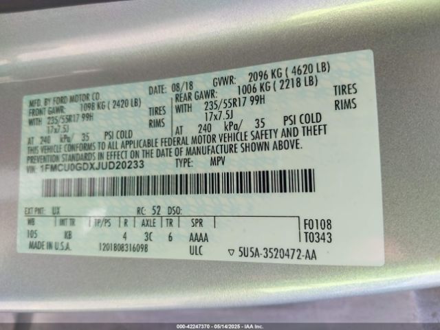 1FMCU0GDXJUD20233 Ford ESCAPE SE