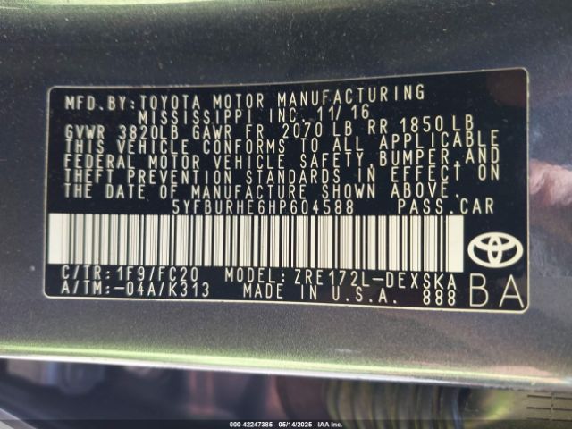 5YFBURHE6HP604588 Toyota COROLLA SE