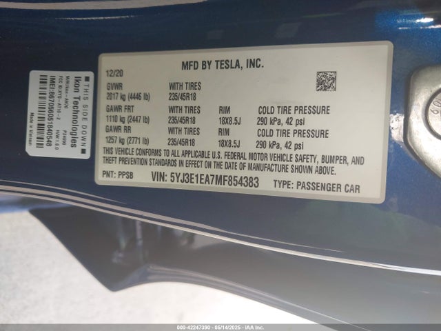2021 TESLA MODEL 3 5YJ3E1EA7MF854383 Photo 8