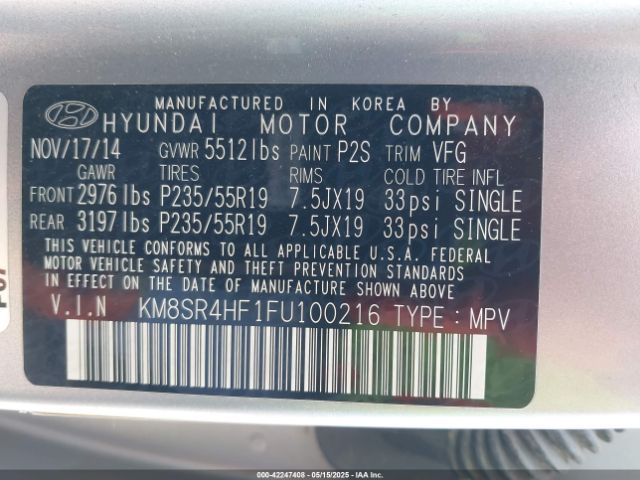 KM8SR4HF1FU100216 Hyundai Santa Fe Limited
