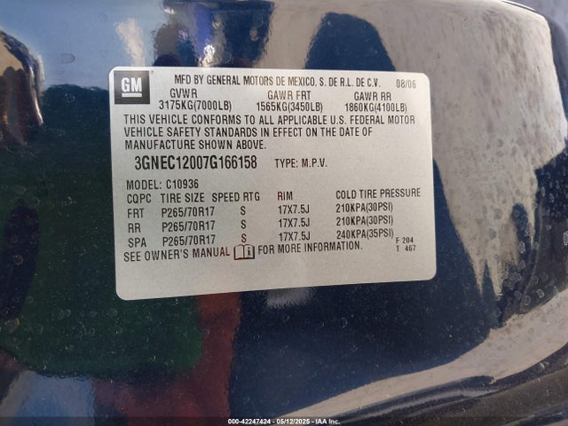 Aukcja sprzedaży 2007 Chevrolet Avalanche 1500 Ls, vin: 3GNEC12007G166158, numer aukcji: 42247424