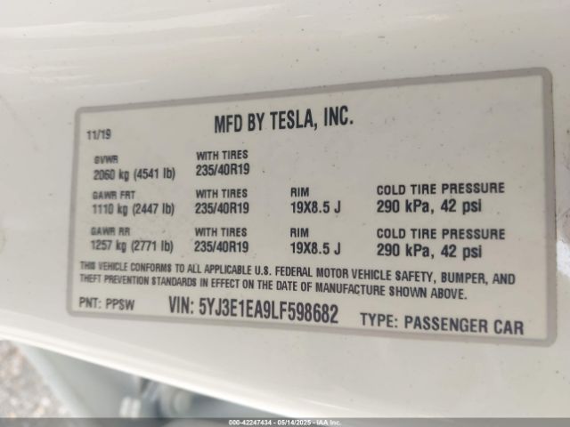 5YJ3E1EA9LF598682 Tesla Model 3 Standard Range Plus Rear-wheel Drive/standard Range Rear-wheel Drive