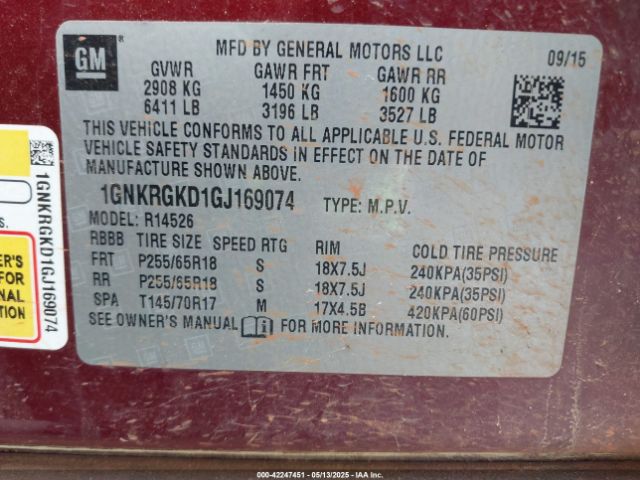 1GNKRGKD1GJ169074 Chevrolet Traverse 1lt