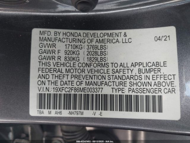 2021 HONDA CIVIC 19XFC2F86ME003377 Photo 8