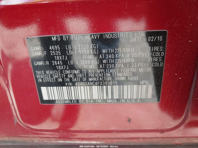 Subaru 2.5l u5 2015 4S4BSANC4F3303815 Image 9
