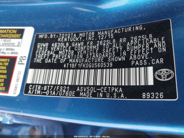 4T1BF1FK0GU560539 Toyota CAMRY SE