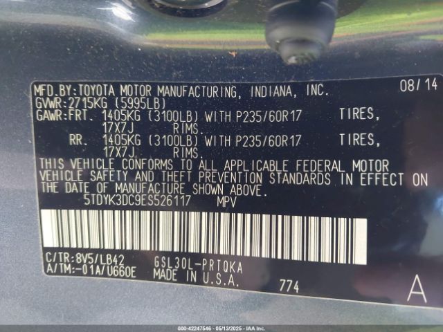 5TDYK3DC9ES526117 Toyota Sienna Xle V6 8 Passenger