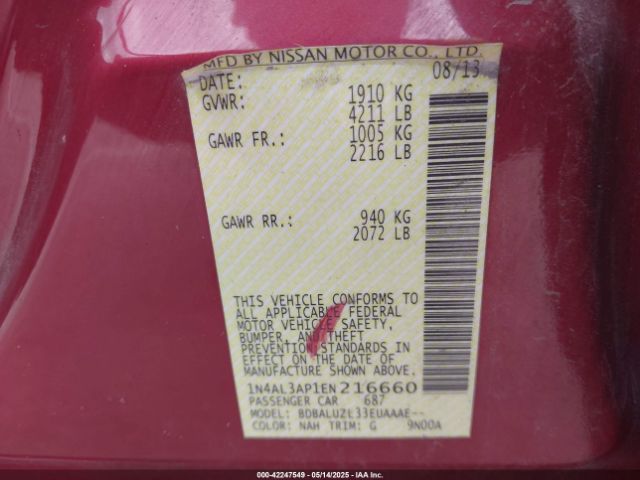 1N4AL3AP1EN216660 Nissan Altima 2.5 Sv