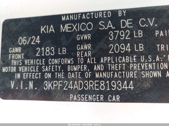 3KPF24AD3RE819344 KIA Forte Lxs