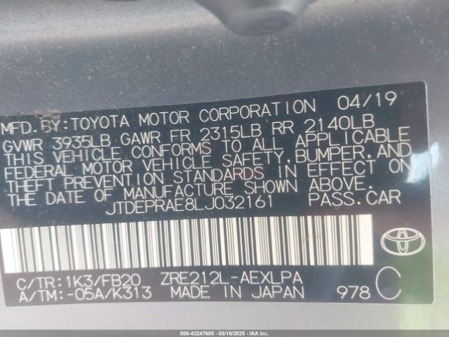 JTDEPRAE8LJ032161 Toyota COROLLA LE