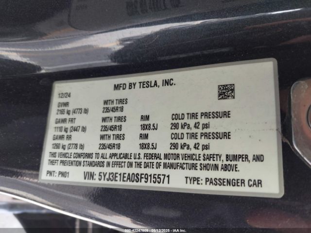 5YJ3E1EA0SF915571 Tesla Model 3 Long Range Rear-wheel Drive