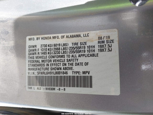 5FNRL6H91LB001846 Honda j35y7