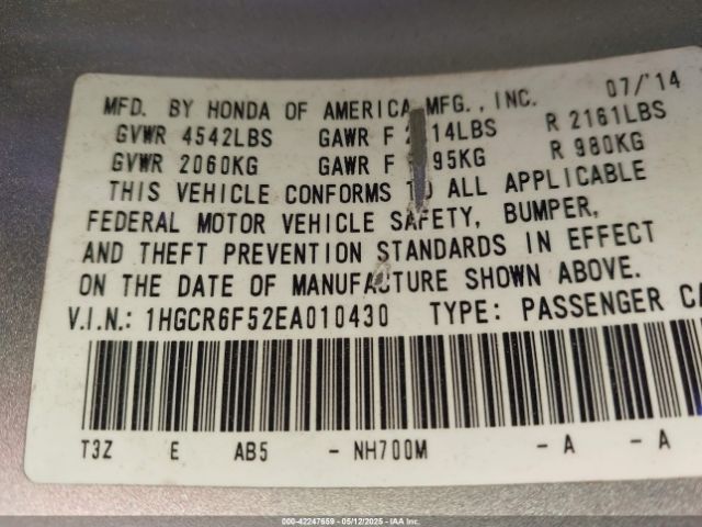 1HGCR6F52EA010430 Honda Accord Hybrid Ex-l