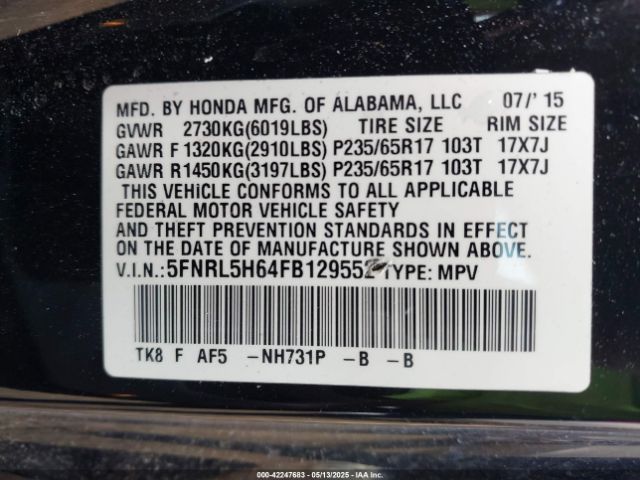 5FNRL5H64FB129552 Honda Odyssey Ex-l