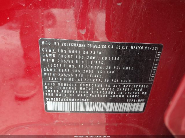 3VV2B7AX9NM129948 Volkswagen Tiguan 2.0t Se