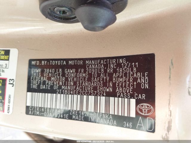2012 TOYOTA COROLLA 2T1BU4EE2CC757324 Photo 8