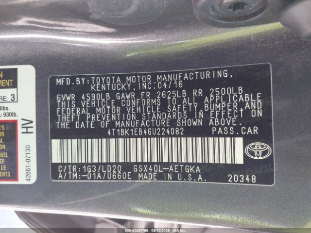 4T1BK1EB4GU224082 Toyota AVALON XLE
