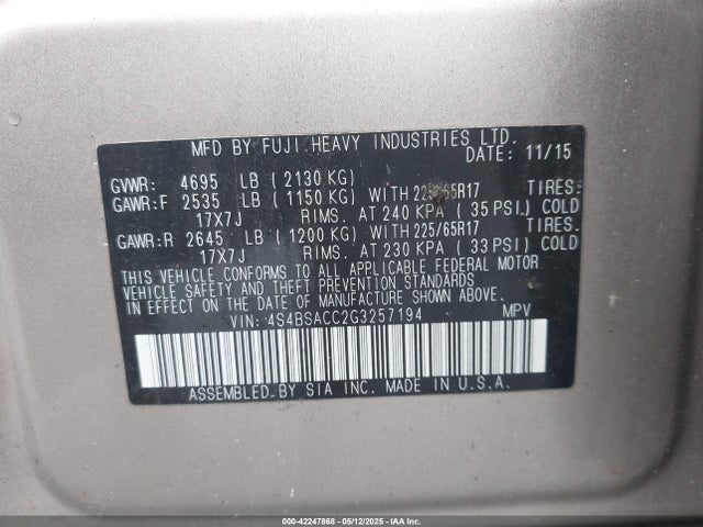4S4BSACC2G3257194 Subaru Outback 2.5i Premium