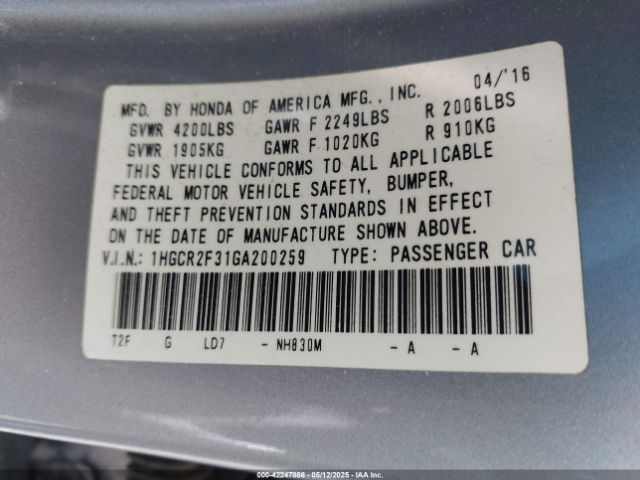 1HGCR2F31GA200259 Honda ACCORD LX