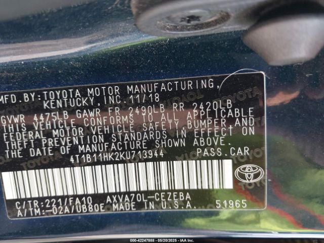 2019 TOYOTA CAMRY 4T1B11HK2KU713944 Photo 8