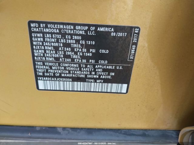 1V2AR2CAXJC525334 Volkswagen Atlas 3.6l V6 S