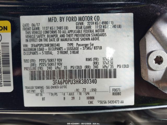 3FA6P0PU3HR380340 Ford Fusion Energi Se Luxury