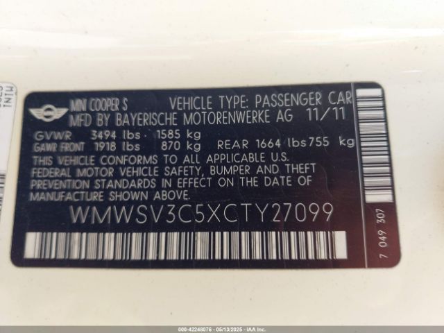 2012 MINI COOPER S WMWSV3C5XCTY27099 Photo 8
